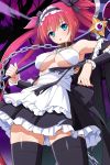  1girl airi_(queen&#039;s_blade) apron black_dress black_legwear black_ribbon blue_eyes bow bowtie bra breasts chain covered_nipples dress frills hair_bow hair_ribbon holding holding_weapon leash long_hair looking_at_viewer maid maid_apron maid_headdress medium_breasts queen&#039;s_blade queen&#039;s_blade_unlimited queen&#039;s_blade_white_triangle red_hair ribbon scythe solo thighhighs torn_clothes torn_dress twintails two_side_up underwear very_long_hair weapon white_apron white_bra wrist_cuffs 