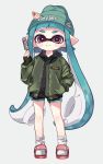  1girl aqua_hair bangs beanie black_shirt black_shorts blunt_bangs closed_mouth clothes_writing commentary dolphin_shorts domino_mask food full_body green_headwear green_jacket grey_background hand_in_pocket hat holding holding_food hood hood_down hoodie inkling inkling_(language) jacket logo long_hair long_sleeves looking_at_viewer maco_spl mask open_clothes open_jacket pointy_ears popsicle purple_eyes red_footwear sandals shirt short_shorts shorts simple_background smile socks solo splatoon_(series) symbol_commentary tentacle_hair very_long_hair white_legwear zipper 