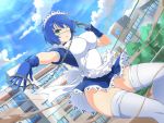  1girl alternate_costume antenna_hair apron aqua_eyes bangs blue_gloves blue_hair blue_shirt blue_skirt blue_sky blush bow breasts crossover cuffs day eyepatch frilled_apron frills gloves handcuffs hands_up ikkitousen large_breasts maid maid_apron maid_headdress medical_eyepatch medium_breasts miniskirt mole mole_under_mouth official_art one_eye_covered outdoors puffy_short_sleeves puffy_sleeves ryomou_shimei senran_kagura senran_kagura_new_link shirt short_hair short_sleeves skirt sky solo taut_clothes thighhighs thighs white_apron white_bow white_legwear yaegashi_nan 
