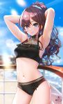  1girl :3 ahoge armpits arms_behind_head arms_up artist_logo bangs beach bikini black_bikini blue_eyes blue_sky blush breasts brown_hair closed_mouth cloud day earrings eyebrows_visible_through_hair hair_between_eyes highres ichinose_shiki idolmaster idolmaster_cinderella_girls idolmaster_cinderella_girls_starlight_stage infinote jewelry lips long_hair looking_at_viewer medium_breasts navel outdoors polka_dot see-through signature sky smile solo standing stomach swimsuit water wavy_hair 