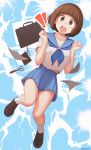  1girl :d absurdres artist_name bangs blue_sailor_collar blue_skirt blunt_bangs blush bob_cut brown_eyes brown_footwear brown_hair clenched_hands collarbone eyebrows_visible_through_hair full_body hands_up highres kill_la_kill loafers looking_at_viewer mankanshoku_mako miniskirt neckerchief once_11h open_mouth paper pleated_skirt round_teeth sailor_collar school_uniform scissors serafuku shirt shoes short_hair short_sleeves skirt smile socks solo suitcase teeth white_legwear white_shirt 