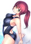  1girl arched_back ass backless_swimsuit bangs bare_arms blush bosshi breasts closed_mouth commentary_request eyebrows_visible_through_hair green_eyes hair_between_eyes highres long_hair looking_at_viewer medium_breasts one-piece_swimsuit original ponytail red_hair sitting smile solo swimsuit 