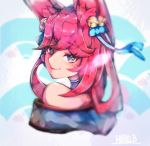  1girl ahri animal_ears artist_name bare_shoulders bell blue_eyes fox_ears fox_girl hair_bell hair_ornament highres league_of_legends looking_at_viewer looking_back mariobaby pink_hair smile solo spirit_blossom_ahri 