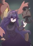 1girl ahoge bangs black_dress commentary_request dress gen_6_pokemon gourgeist hair_between_eyes hairband hand_up hex_maniac_(pokemon) highres long_hair long_sleeves looking_up nail_polish open_mouth phantump pink_nails pokemon pokemon_(creature) pokemon_(game) pokemon_xy purple_eyes purple_hair purple_hairband shiny shiny_hair smile spiral_eyes suitchi._(user_trcd4334) tongue turtleneck watermark 
