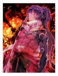  1boy abs alternate_costume blood blood_on_face bloody_clothes embers fate/grand_order fate_(series) fire from_side fu_yukari hair_over_one_eye headband holding holding_weapon japanese_clothes kimono koha-ace long_hair male_focus okada_izou_(fate) open_clothes open_kimono pectorals ponytail purple_hair scarf shrug_(clothing) weapon yellow_eyes 