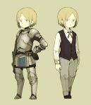  1boy blonde_hair blue_eyes hand_on_hip knight maniani original plate_armor short_hair simple_background vest 