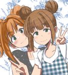  2girls absurdres anjerain brown_hair double_bun green_eyes head_tilt highres idolmaster idolmaster_(classic) looking_at_viewer multiple_girls siblings sisters smile takatsuki_kasumi takatsuki_yayoi twintails v 