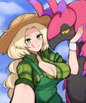  1girl afrobull blush breasts character_request cleavage collared_shirt forehead freckles gen_5_pokemon green_eyes green_shirt hand_on_another&#039;s_chin hat large_breasts licking_lips long_braid outstretched_arm overalls partially_unbuttoned plaid plaid_shirt platinum_blonde_hair pokemon pokemon_(creature) scolipede self_shot shirt sleeves_pushed_up sun_hat thick_eyebrows tongue tongue_out 