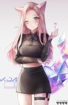  1girl absurdres ahri animal_ears black_skirt blonde_hair blue_eyes breasts crystal_tail finger_heart fox_ears fox_girl highres jeon_yoa k/da_(league_of_legends) league_of_legends looking_at_viewer medium_breasts navel one_eye_closed skirt solo tail the_baddest_ahri thigh_strap 