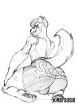  anthro big_butt bulge butt clothing fur genitals hi_res hyaenid looking_at_viewer looking_back male mammal monochrome nsfsushi pawpads rear_view simple_background sketch solo spots text tongue tongue_out underwear watermark white_background wide_hips 