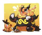 absurdres blush closed_eyes closed_mouth commentary_request dirty emboar fangs fire flame gen_5_pokemon happy highres holding no_humans pig pokemon pokemon_(creature) smile starter_pokemon tail taisa_(lovemokunae) tepig 