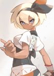  1girl bangs bea_(pokemon) black_bodysuit black_hairband blonde_hair blue_eyes bodysuit bodysuit_under_clothes bow_hairband commentary_request dark_skin dynamax_band eyelashes gloves gym_leader hair_between_eyes hairband hand_up highres holding holding_poke_ball number nuneno poke_ball pokemon pokemon_(game) pokemon_swsh print_shorts short_hair short_sleeves shorts single_glove solo 