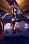  1girl :d animal bangs bare_shoulders cis05 commentary_request eyeliner fate/grand_order fate_(series) hair_ornament hikimayu horns japanese_clothes kimono looking_at_viewer makeup oni oni_horns open_mouth pointing purple_hair sash shuten_douji_(fate/grand_order) sitting smile snake solo thighhighs 