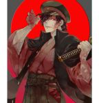  1boy alternate_costume alternate_hairstyle black_hair fate/grand_order fate_(series) fu_yukari hair_over_one_eye hat holding holding_weapon jacket jacket_on_shoulders japanese_clothes katana kimono koha-ace long_hair looking_at_viewer male_focus moon okada_izou_(fate) police_hat red_eyes red_moon sword weapon 