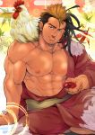  1boy abs absurdres bara bird blonde_hair brown_eyes brown_hair chest chicken crossed_legs cup facial_hair feet_out_of_frame highres japanese_clothes kimono looking_at_viewer male_focus manly masateruteru mohawk multicolored_hair muscle navel nipples open_clothes open_kimono original pectorals sakazuki short_hair sideburns solo textless two-tone_hair veins 