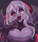  1girl blush breasts clawed_gauntlets cleavage eyebrows_visible_through_hair eyes_visible_through_hair face finger_licking gauntlets genderswap genderswap_(mtf) grey_background hair_between_eyes heart heart-shaped_pupils league_of_legends licking long_hair red_eyes saliva saliva_trail shuriken simple_background solo sweat symbol-shaped_pupils teeth tongue tongue_out turtleneck upper_body weapon weapon_on_back white_hair yoshiikirablr zed_(league_of_legends) 