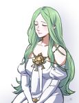  1girl closed_eyes closed_mouth dress fire_emblem fire_emblem:_three_houses green_hair kokomi_(aniesuakkaman) long_hair long_sleeves pointy_ears rhea_(fire_emblem) simple_background solo upper_body white_dress 