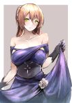  1girl absurdres bare_shoulders black_gloves blue_dress blush breasts closed_mouth collarbone dress dress_lift eyebrows_visible_through_hair girls_frontline gloves green_eyes grey_background hair_ornament highres holding holding_clothes holding_dress kyoyakyo long_hair looking_at_viewer m1903_springfield_(girls_frontline) medium_breasts orange_hair solo standing 