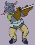  age_difference anthro bald blacksmith blue_body blue_skin bottomwear chainmail clothed clothing dregadude grey_hair hair hi_res hooves long_ears male melee_weapon narrowed_eyes old older_male pants satyr simple_background sketch solo squint sword teeth teeth_showing tunic weapon 