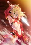  1girl armpits bangs blonde_hair braid breasts choker clarent eyebrows_visible_through_hair fate/apocrypha fate/grand_order fate_(series) green_eyes hair_ornament hair_scrunchie highres looking_at_viewer mordred_(fate) mordred_(fate)_(all) navel ponytail red_scrunchie ribs scrunchie skirt small_breasts smile solo teeth usagineko weapon 