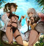  2girls absurdres arknights ass blue_sky breasts commentary_request crocodilian_tail day gavial_(arknights) green_hair hand_up highres jumbowhopper large_tail long_hair medium_breasts multiple_girls navel pointy_ears silver_hair sky stomach tail thigh_strap thighs tomimi_(arknights) underboob visor_cap yellow_eyes 