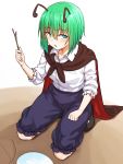  1girl antennae aqua_eyes bangs black_cape black_footwear blue_pants breasts buttons cape collared_shirt eyebrows_visible_through_hair full_body green_hair hair_between_eyes highres holding holding_stick kakone looking_at_viewer medium_breasts open_mouth pants shirt short_hair simple_background sitting socks solo stick touhou white_background white_legwear white_shirt wriggle_nightbug 