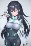  1girl aqua_eyes artist_name black_hair bodysuit breasts controller covered_navel gundam gundam_build_divers gundam_build_divers_re:rise holding holding_controller large_breasts long_hair looking_at_viewer may_(gundam_build_divers_re:rise) nukenin open_mouth shrug_(clothing) skin_tight solo very_long_hair 