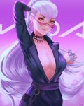  1girl bangs breasts center_opening cleavage evelynn floating_hair highres k/da_(league_of_legends) league_of_legends long_hair looking_at_viewer mcdobo medium_breasts purple_hair solo sunglasses the_baddest_evelynn tied_hair yellow_eyes 