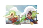  blue_jacket brown_eyes chespin closed_eyes cloud commentary_request fang gen_5_pokemon gen_6_pokemon highres jacket long_sleeves no_humans open_mouth pokemon pokemon_(creature) red_jacket running snivy starter_pokemon taisa_(lovemokunae) tired tongue 