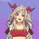  1girl :d arknights bare_shoulders braid breasts cocopeace earrings eyeliner fangs horns jewelry long_hair looking_at_viewer makeup nian_(arknights) off_shoulder open_mouth pointy_ears ponytail purple_eyes red_hair silver_hair smile solo teeth tongue tongue_out 