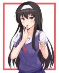  1girl absurdres black_hair blue_skirt breasts eyebrows_visible_through_hair finger_licking finger_to_tongue hairband highres kasumigaoka_utaha licking long_hair looking_at_viewer neck_ribbon red_eyes ribbon saenai_heroine_no_sodatekata school_uniform serafuku skirt solo tongue tongue_out white_background yuzb 