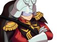  1boy char_aznable close-up crossed_arms derivative_work drawfag getter_robo gundam highres mask mobile_suit_gundam screencap_redraw shin_getter_robo_vs_neo_getter_robo sitting smirk solo transparent_background uniform zeon 