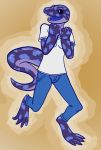  anthro black_sclera bottomwear clothed clothing dregadude excited female hi_res jeans lizard long_tail mottled open_mouth pants paws pupils reptile scalie shirt simple_background smile solo spots spotted_body spotted_tail teeth thick_tail topwear v-neck white_pupils 
