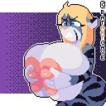  1:1 2020 animated anthro areola batartcave big_breasts blonde_hair blue_eyes blush bodily_fluids breasts claire_(pelao0o) felid female fur grey_body grey_fur hair huge_breasts lactating mammal multicolored_body multicolored_fur nipples pantherine short_playtime solo striped_body striped_fur stripes tiger 