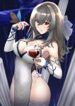  1girl azur_lane bangs bare_shoulders blue_nails breasts bug butterfly china_dress chinese_clothes cleavage collarbone commentary_request covered_navel cup dress drinking_glass elbow_gloves fingerless_gloves gloves grey_hair hair_between_eyes hand_up highres holding holding_cup insect large_breasts long_hair looking_at_viewer mole mole_under_eye nail_polish oregano_(olgn_eao) parted_lips red_eyes saint-louis_(azur_lane) saint-louis_(brilliant_paladin)_(azur_lane) sleeveless sleeveless_dress solo thighhighs thighs white_dress white_gloves white_legwear wine_glass 