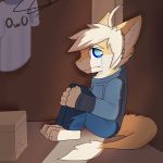  1:1 2020 4_toes 5_fingers absurd_res anthro blonde_hair blue_eyes bodily_fluids clothing crying digital_media_(artwork) dragon fingers fur hair hi_res hoodie hybrid male sergal sitting solo tan_body tan_fur tears toes topwear vennightsky vensicle 