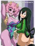  amphibian amphibian_humanoid animal_humanoid ashido_mina asui_tsuyu big_breasts big_butt breasts butt camel_toe clothing duo female frog_humanoid hair hi_res horn horned_humanoid humanoid leotard long_hair looking_at_viewer looking_back my_hero_academia nipple_outline open_mouth sano_br text tongue url 