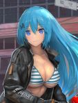  1girl bikini black_jacket blue_eyes blue_hair breasts cleavage close-up clothes_writing emori_miku emori_miku_project hair_ornament halterneck highres jacket large_breasts long_hair long_sleeves looking_at_viewer nihoshi_(bipedal_s) open_clothes open_jacket outdoors sign smile solo string_bikini striped striped_bikini swimsuit 