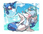  ^_^ arm_support blush bubble closed_eyes commentary_request gen_7_pokemon hand_up highres no_humans open_mouth pokemon pokemon_(creature) popplio primarina sea_lion smile star_(symbol) starter_pokemon taisa_(lovemokunae) tongue 