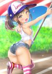  1girl absurdres armpits ass bangs baseball_cap blue_sky breasts brown_hair bush cloud day denim denim_shorts english_text flag hat heart highres holding holding_flag looking_at_viewer midriff_peek ninyo_(user_pddg5877) open_mouth original outdoors ponytail running short_shorts shorts sideboob sidelocks sky small_breasts smile solo striped striped_legwear tank_top thighhighs thighs track_and_field white_tank_top yellow_eyes 