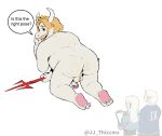  2020 all_fours anthro asgore_dreemurr backsack balls beard blonde_hair boss_monster bovid butt caprine crown english_text facial_hair genitals group hair horn jj_thiccmz long_ears male mammal overweight overweight_male penis perinerum simple_background solo_focus text undertale video_games weapon white_background 