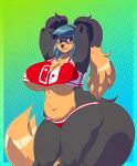  2020 accessory amara_burrger anthro big_breasts breasts canid canine canis clothing domestic_dog eyewear female glasses green_hair hair hair_accessory hairband hi_res looking_aside mammal navel nintendo nintendo_switch pattern_background simple_background slightly_chubby smile solo under_boob video_games 