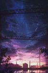  absurdres cloud commentary_request crane_(machine) grass highres house leaf no_humans original outdoors reflection scenery shooting_star sky skyline skyrick9413 star_(sky) starry_sky sunset water 