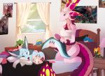  absurd_res anthro avalee bed bedroom blep blue_body blue_fur book canid canine capcom claws clothed clothing dungeons_and_dragons duo elder_dragon fanged_wyvern female fennec fox fur furniture hair hasbro hi_res hybrid kneeling_on_bed kulve_taroth lagiacrus leviathan_(mh) lying_on_bed male mammal mizutsune monster_hunter paladins pink_body plushie purple_eyes purple_hair rath_wyvern rathian rodent-blood smile team_fortress_2 tongue tongue_out underwear valve video_games wizards_of_the_coast zee_(zfursee) zinogre 