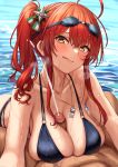  1boy 1girl absurdres ahoge azur_lane bangs bikini black_bikini blush breasts brown_eyes censored check_commentary cleavage closed_mouth collarbone commander_(azur_lane) commentary_request covered_nipples cum ejaculation eyebrows_visible_through_hair goggles goggles_on_head hair_between_eyes hair_ornament head_tilt heavy_breathing hetero highres large_breasts leaning_forward licking_lips long_hair looking_at_viewer momo_no_sukebe mosaic_censoring o-ring o-ring_bikini paizuri penis pov red_hair side_ponytail sidelocks smile solo_focus swimsuit tongue tongue_out wet whistle whistle_around_neck zara_(azur_lane) zara_(poolside_coincidence)_(azur_lane) 