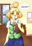  animal_crossing anthro breasts brown_eyes canid canine canis clipboard clothed clothing dialogue domestic_dog english_text female fur hair inside isabelle_(animal_crossing) looking_at_viewer mammal nintendo open_mouth shih_tzu smile solo standing teeth text toy_dog video_games weepinbelly yellow_body yellow_fur 