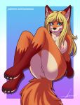  4_toes 5_fingers anthro anus blonde_hair blue_eyes breasts canid canine claws clitoris digital_media_(artwork) female fingers fox fur genitals gradient_background hair looking_at_viewer mammal nipples nude pussy simple_background smile solo soronous text toes url white_body 