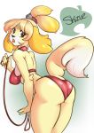  animal_crossing anthro bent_over big_breasts big_butt bikini breasts butt canid canine canis clothed clothing collar domestic_dog female firekitty fur hair holding_leash holding_object isabelle_(animal_crossing) leash looking_at_viewer looking_back mammal nintendo open_mouth rear_view shih_tzu solo standing swimwear thick_thighs tongue toy_dog video_games wide_hips yellow_body yellow_fur 