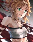  1girl anonamos bangs bare_shoulders blonde_hair braid breasts commentary fate/apocrypha fate/grand_order fate_(series) green_eyes hair_ornament hair_scrunchie highres jewelry looking_at_viewer mordred_(fate) mordred_(fate)_(all) necklace ponytail red_scrunchie scrunchie small_breasts smile solo 