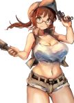  1girl baseball_cap breasts brown_eyes brown_hair commentary cowboy_shot explosive eyebrows_visible_through_hair fio_germi glasses grenade gun hat hatano_kiyoshi holding holding_gun holding_weapon large_breasts long_hair looking_at_viewer metal_slug midriff navel open_clothes open_vest ponytail short_shorts shorts simple_background solo stielhandgranate tank_top vest weapon white_background 
